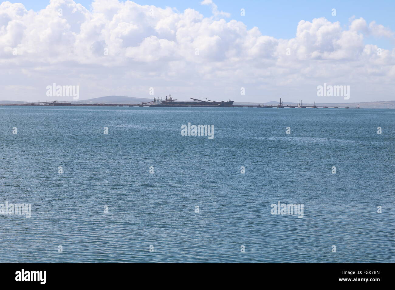 Saldanha bay harbour with iron ore loading dock, Western Cape, South Africa Stock Photo