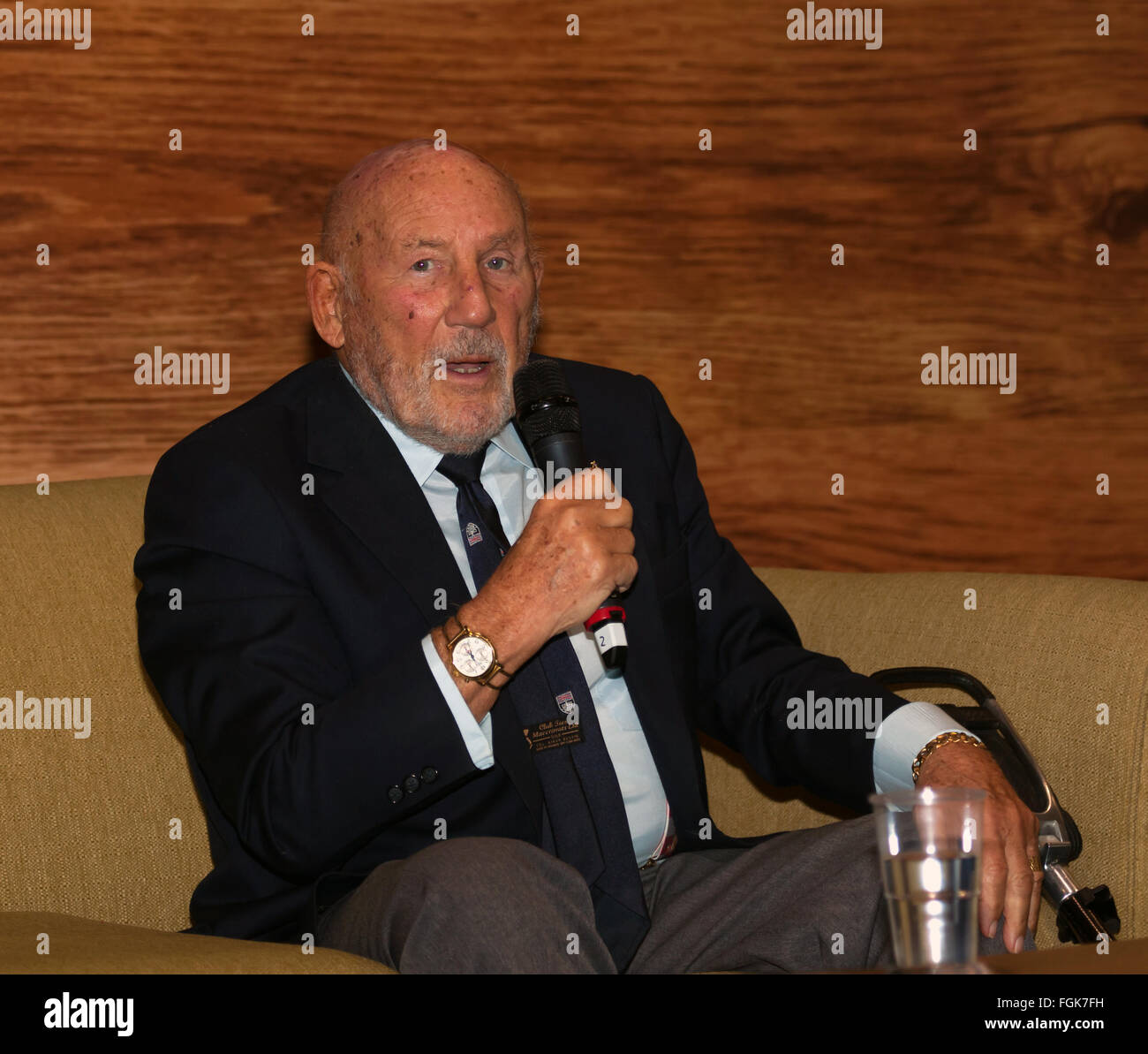 Sir Stirling Moss receiving applause from a large and appreciative audience, after his  interview, about his new book 'Stirling Moss- My Racing Life' at Speakers' Corner during the 2016 London Classic Car Show. Stock Photo