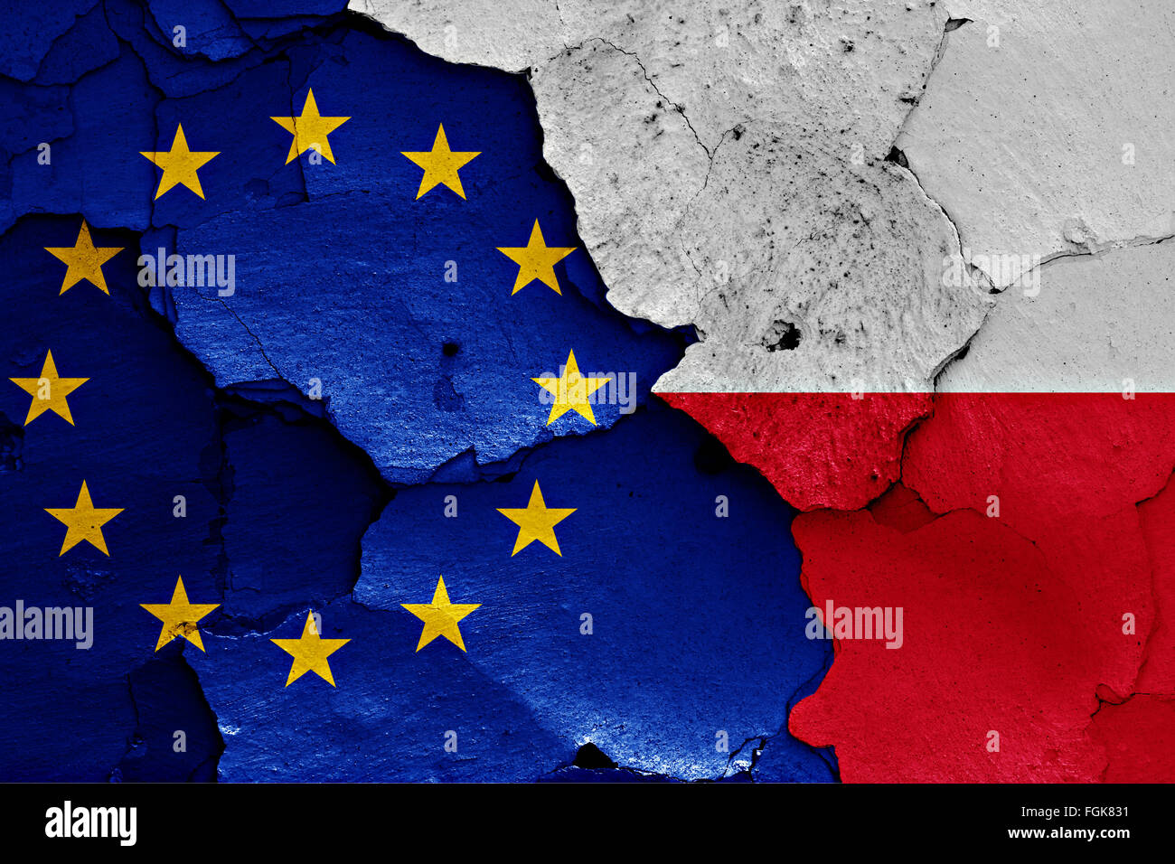 flags of EU and Poland painted on cracked wall Stock Photo - Alamy