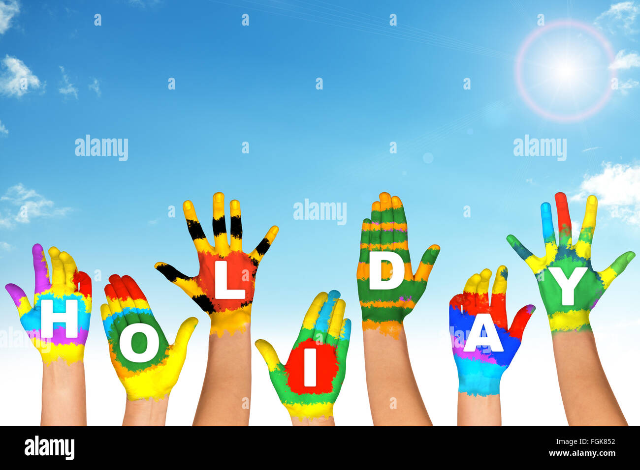 Set of colorful hands with word holiday Stock Photo - Alamy