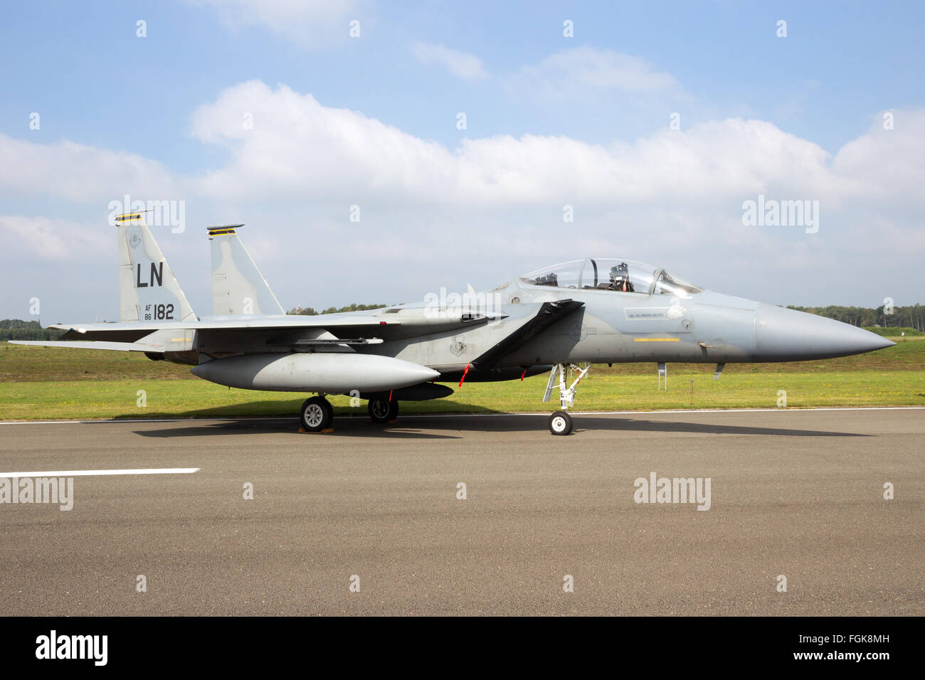 US Air Force F-15 Eagle fighter jet from RAF Lakenheath on the tarmac of Kleine Brogel Ai Stock Photo