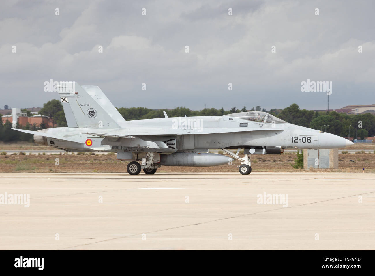 Spanish Air Force F-18 Hornet fighter jet taxiing beforer take-off from Torrejon airbase. Stock Photo