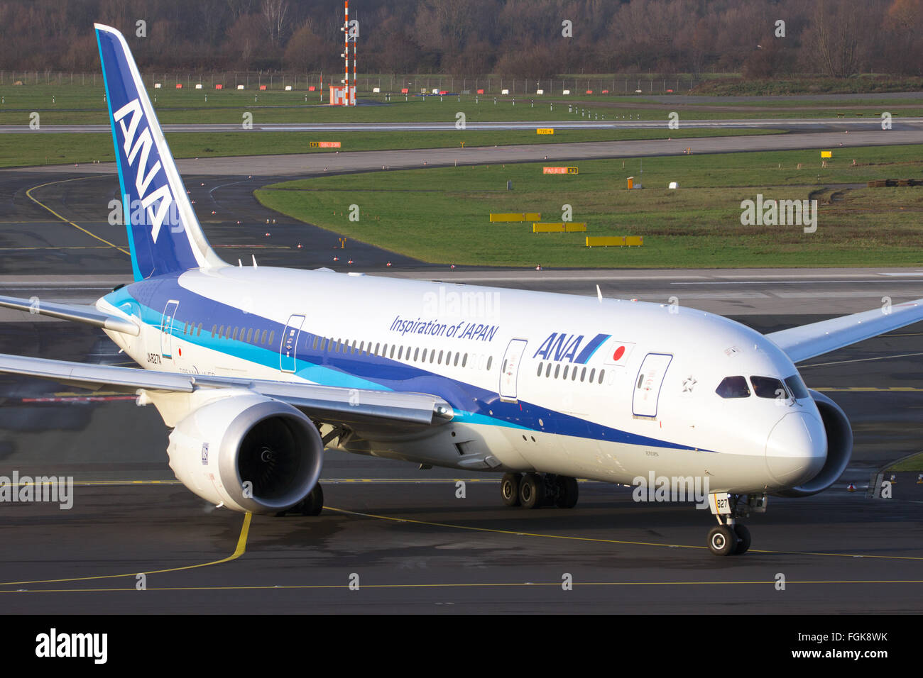 All Nippon Airways (ANA) Boeing 787 Dreamliner taxiing on Dusseldorf airport after landing. Stock Photo