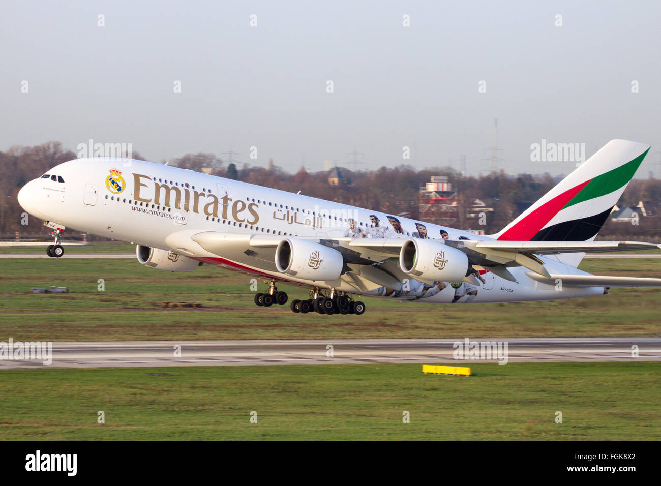 Emirates Airbus A380 Take Off From Dusseldorf Airport Stock Photo Alamy