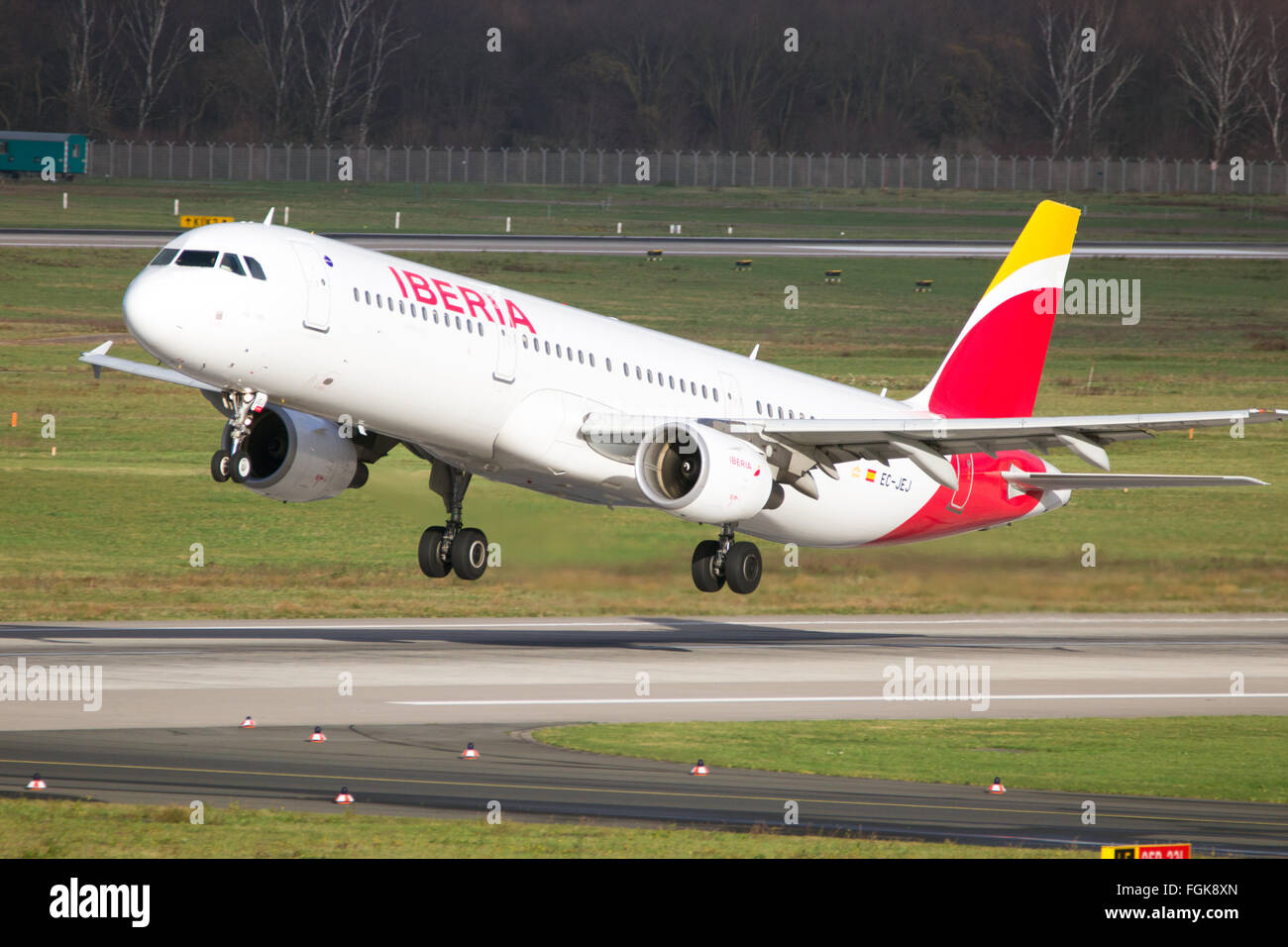 Iberia Airbus A321 take-off from Dusseldorf Airport. Stock Photo