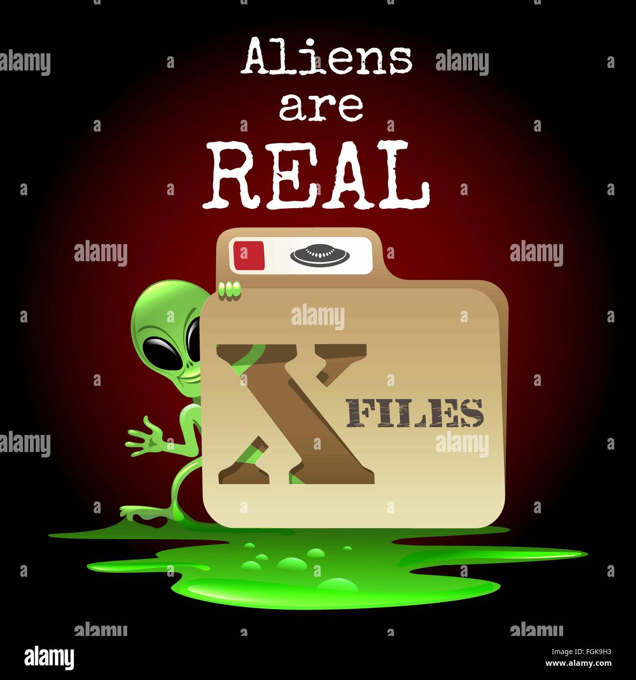 The smiling alien look out of X file with wording Aliens are real. Free font used. Stock Vector