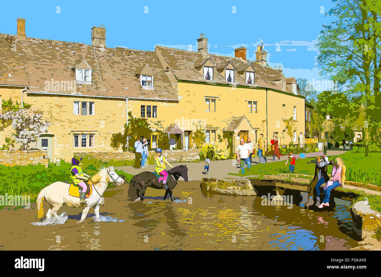 A poster style illustration from a photograph of the Cotswold village of Lower Slaughter, Gloucestershire, England, UK Stock Photo
