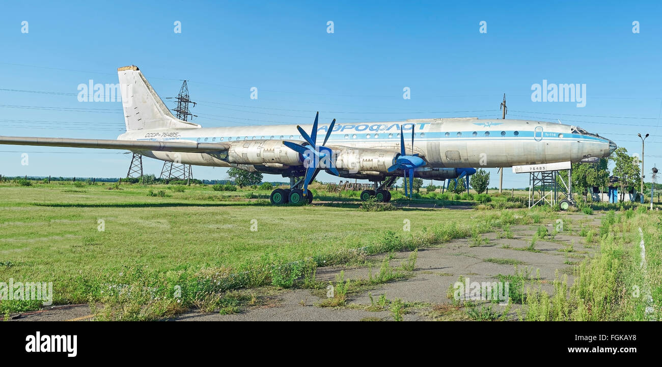 KRIVOY ROG, UKRAINE - FEBRUARY 3, 2016: One of twelve old rare soviet aircraft TU-114 Tupolev at an abandoned aerodrome Stock Photo