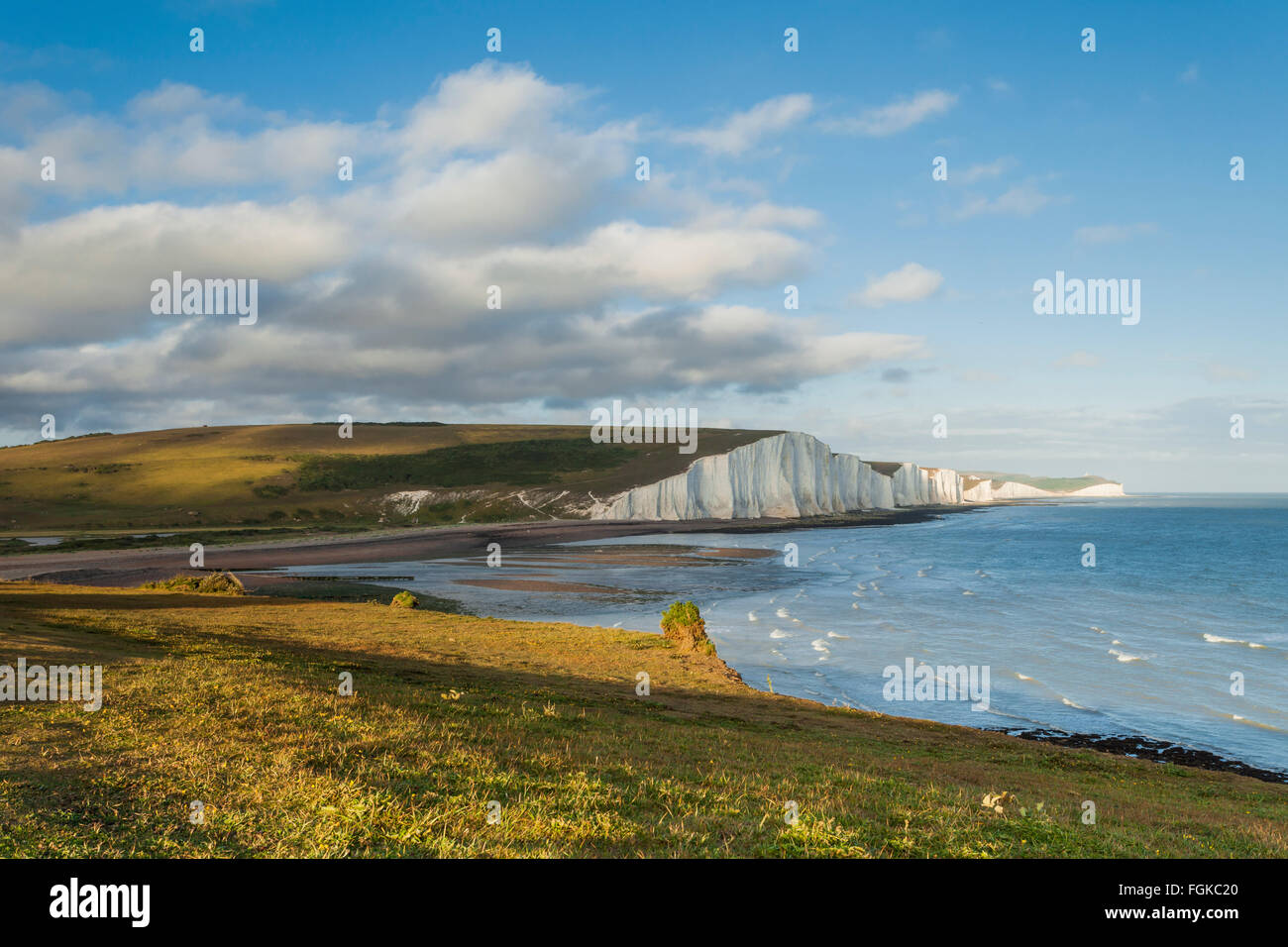 Summer afternoon at Seaford Head, East Sussex, England. Looking towards Seven Sisters cliffs. Stock Photo
