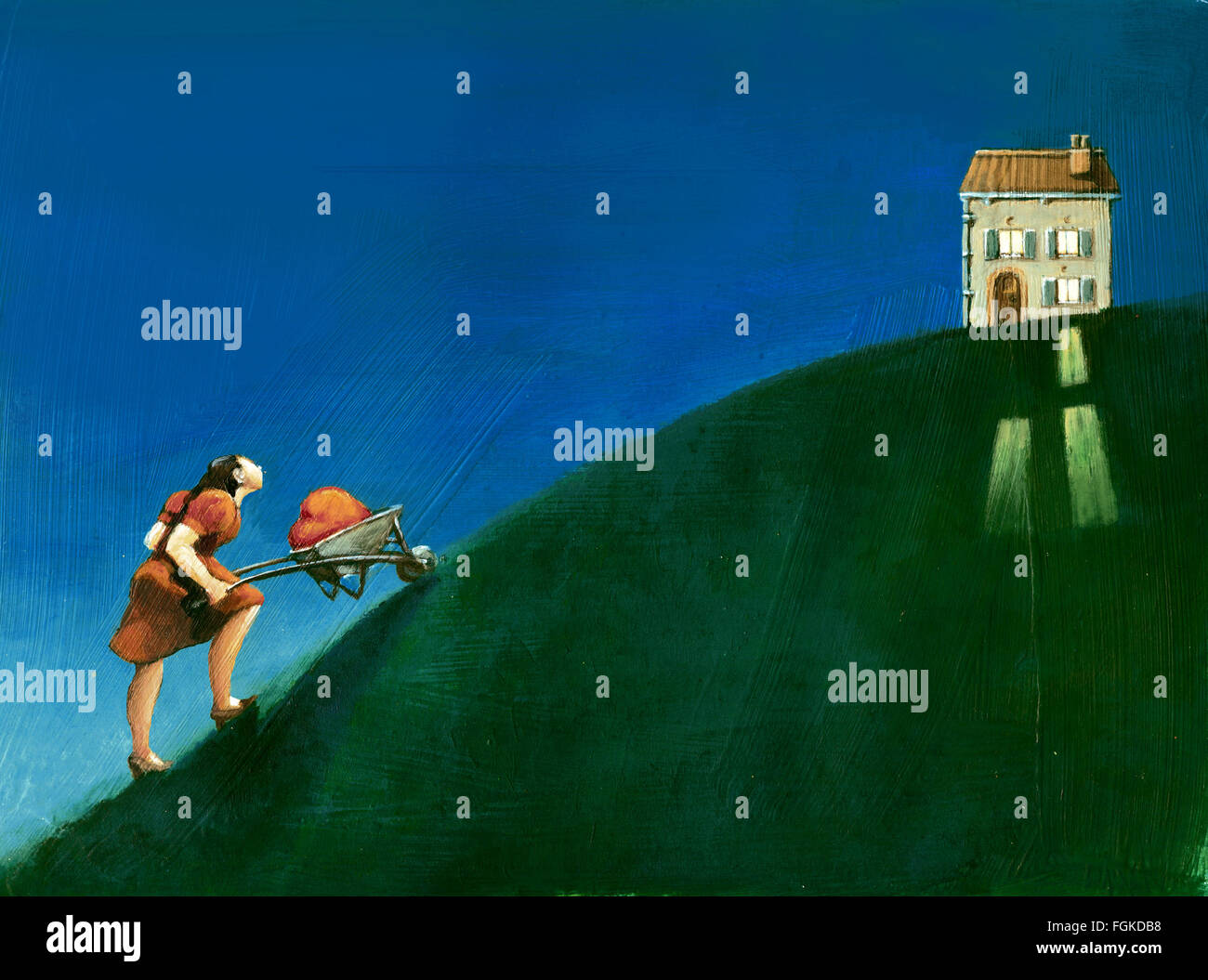 a woman climbs a slope with a heart in a wheelbarrow to get to a lighted house in the evening Stock Photo