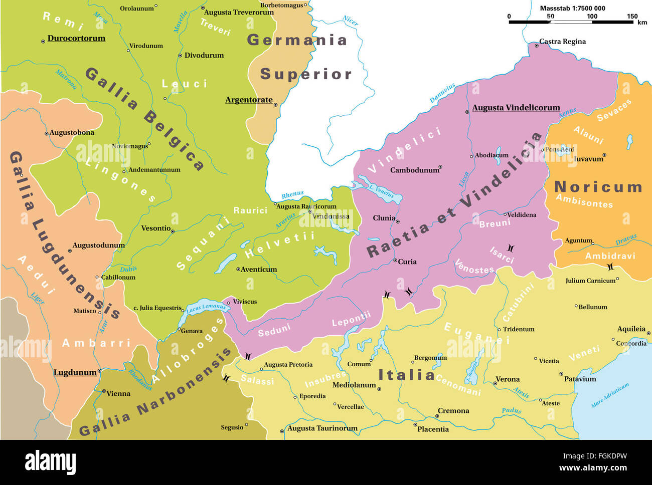 This historical depiction illustrates the Roman provinces in the Alpine ...