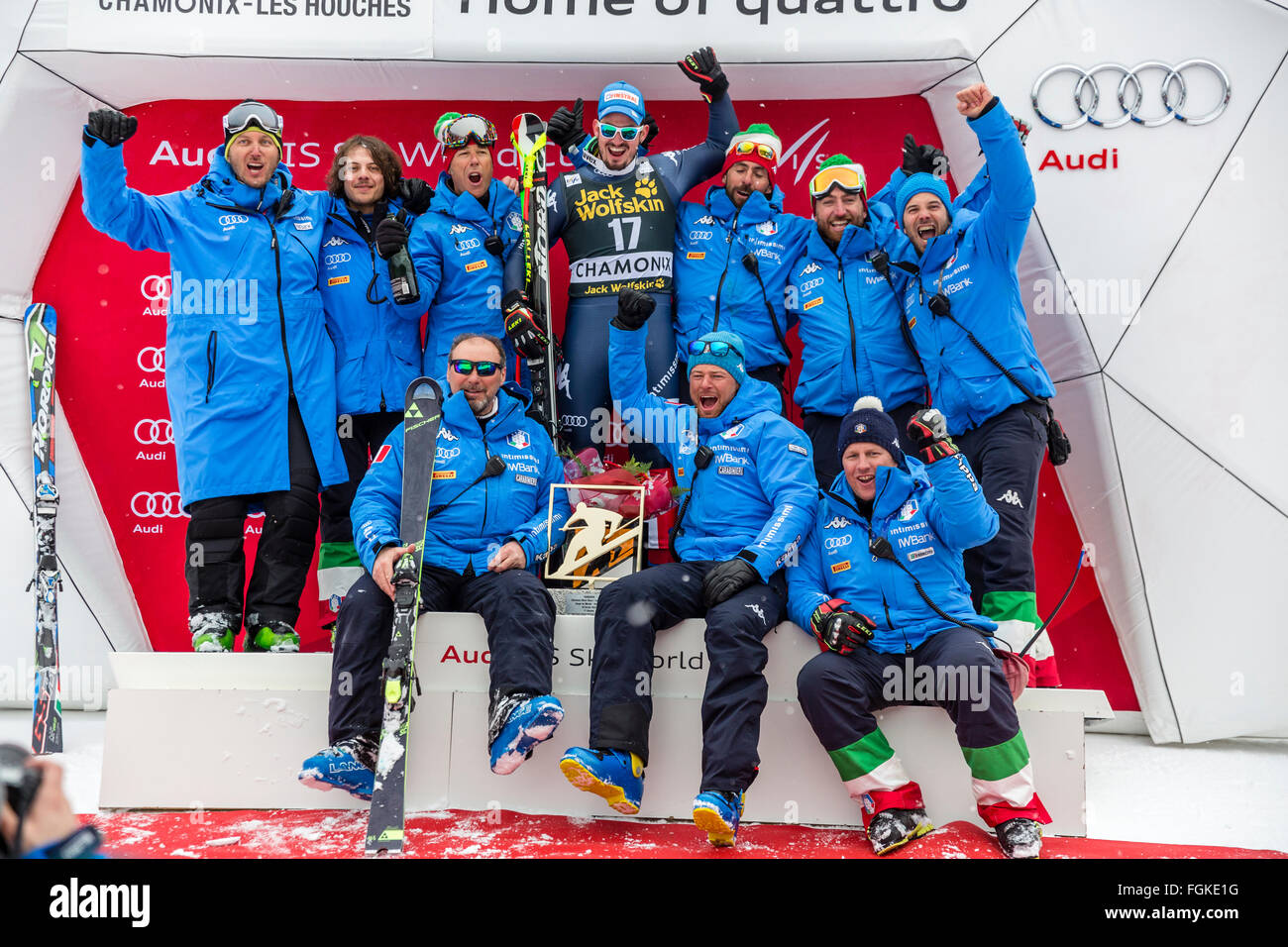 Chamonix, France. 20th February, 2016. The Italian ski team celebrates the victory of Dominik PARIS in Chamonix. The Audi FIS World Cup 9th Men's Downhill took place in Chamonix France with a 'jour blanc' (grey skies and flat light) and some light snow. The podium was - 1- PARIS Dominik (ITA) 1:58.38 2- NYMAN Steven (USA) 1:58.73 3- FEUZ Beat (SUI) 1:58.77 AUDI FIS SKI WORLD CUP 2015/16 Credit:  Genyphyr Novak/Alamy Live News Stock Photo