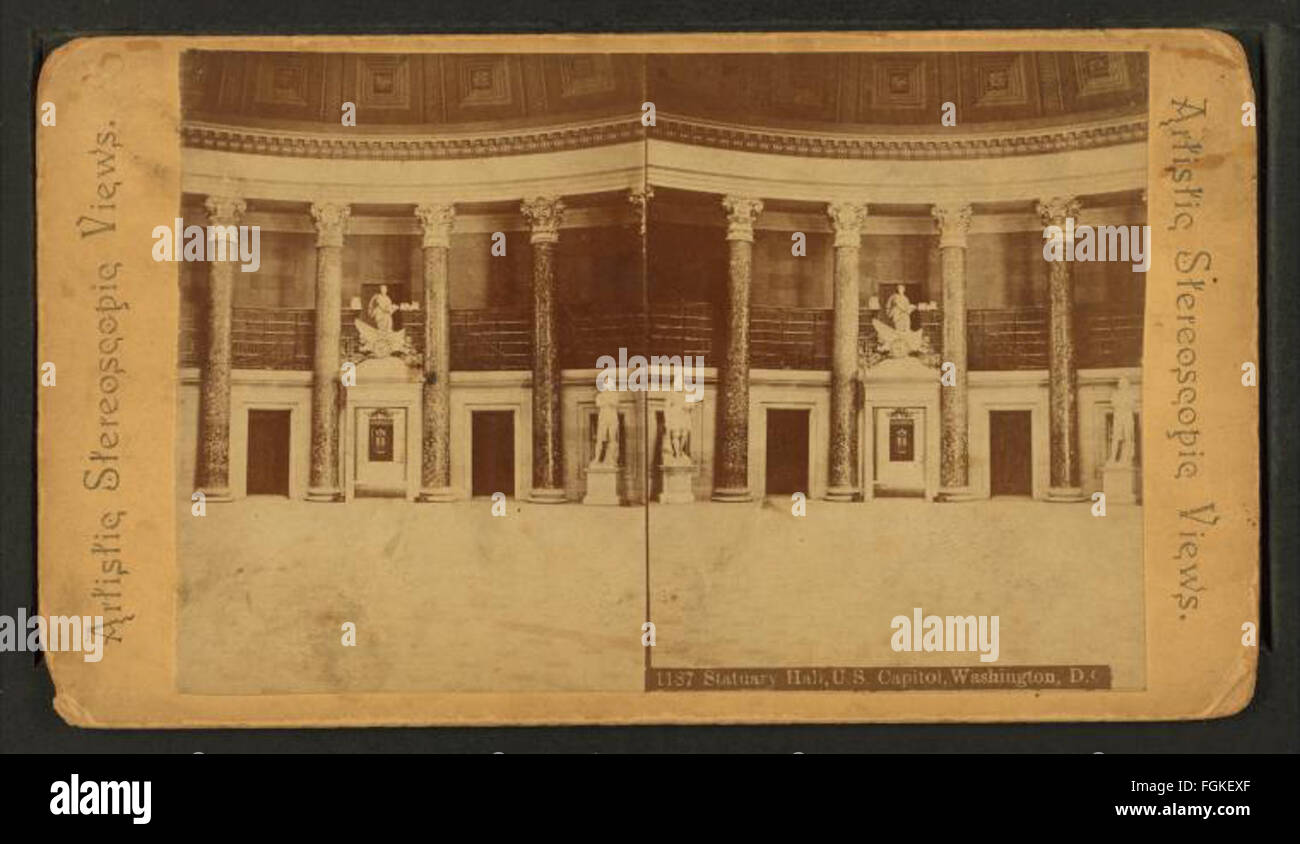 This photograph from the Robert N. Dennis collection shows Statuary Hall in the U.S. Capitol, highlighting the statues and architectural elements in the historical space. Stock Photo