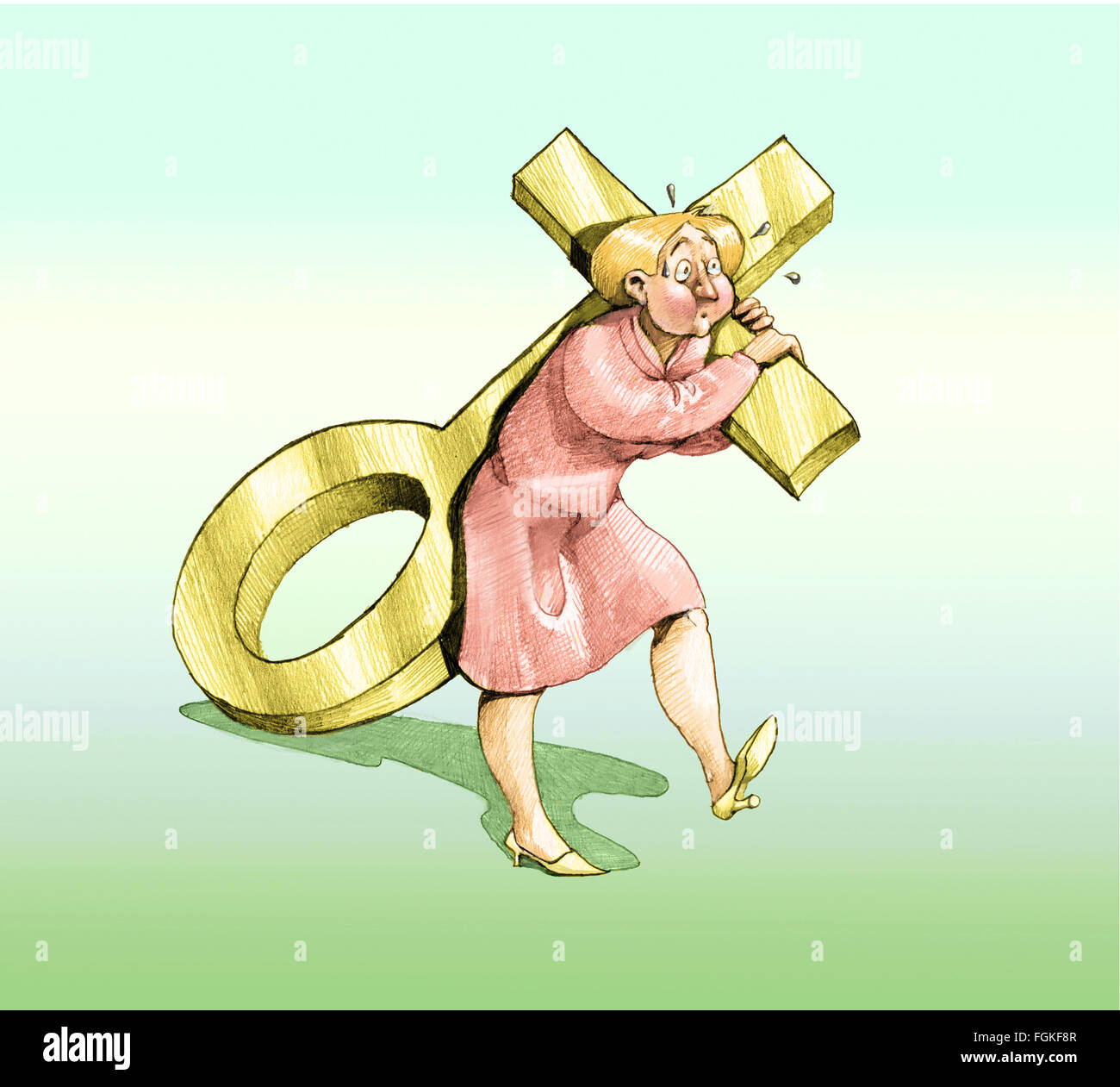 a woman dragging the symbol of the woman like a cross Stock Photo Alamy