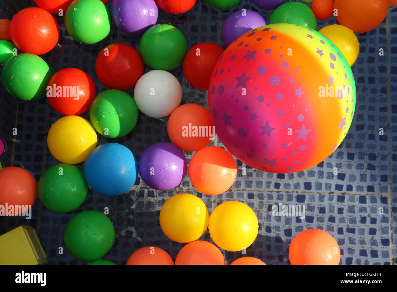 Colorful balls made of plastic and rubber floating in a swimming pool