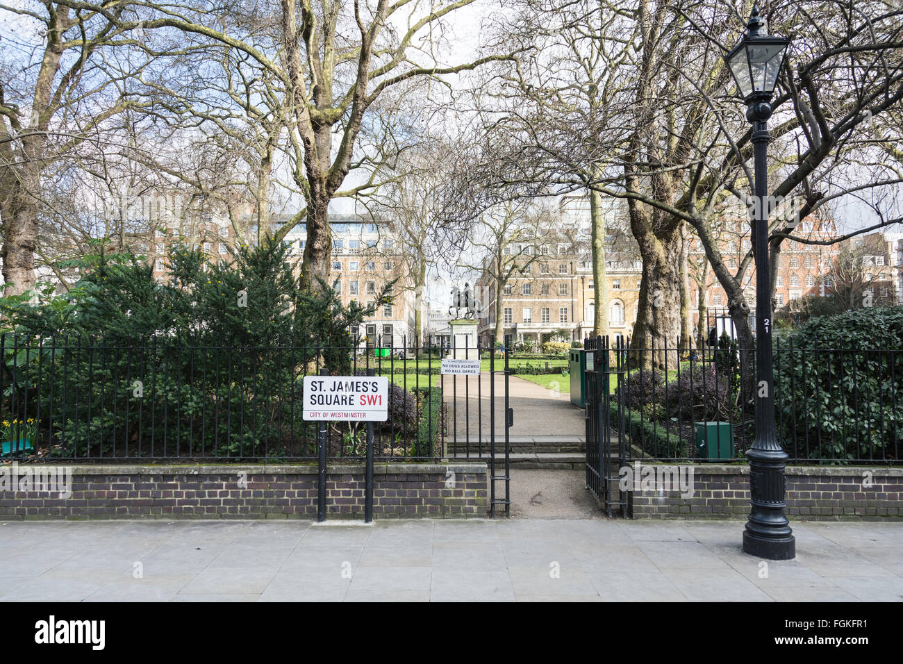 Entrance to St James's Square, a typical London Square with one entrance on each of its sides, London, SW1, UK Stock Photo