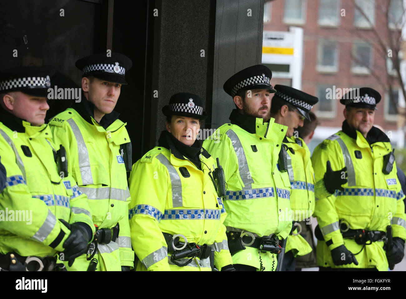 Preston, Lancashire, UK. 20th February, 2016. EDL protest in Preston, UK. Police lined up in