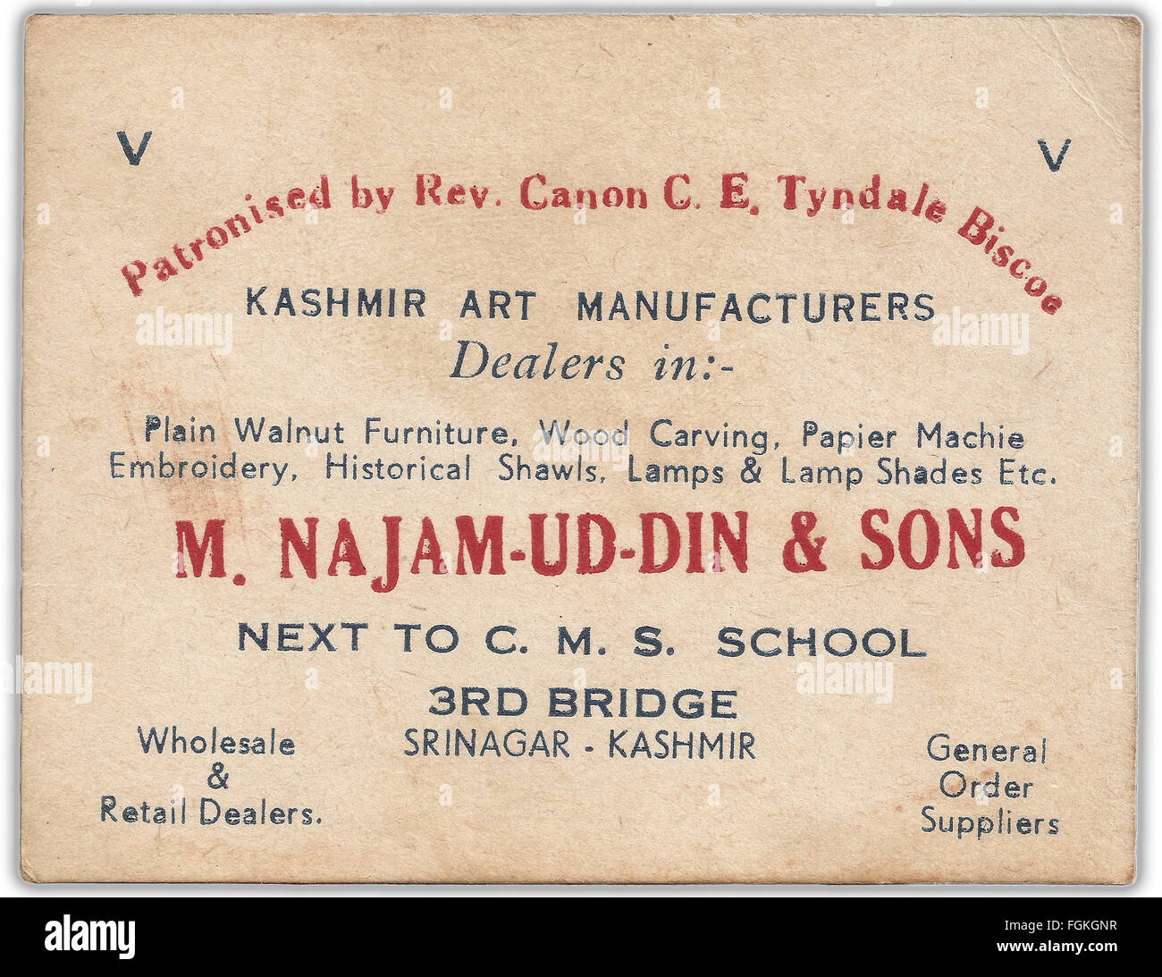 Business card for M. Najam-Ud-Din and Sons, of Srinagar, Kashmir, India. Stock Photo