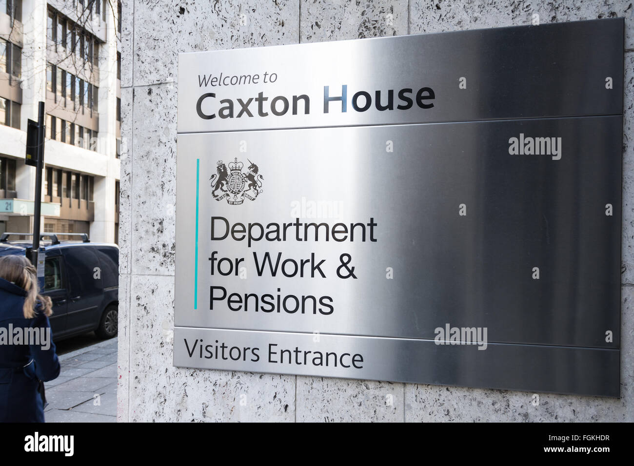 Signage outside the Department for Work  and Pensions (DWP), Caxton House, Petty France, Tothill Street, London, SW1, England, UK Stock Photo