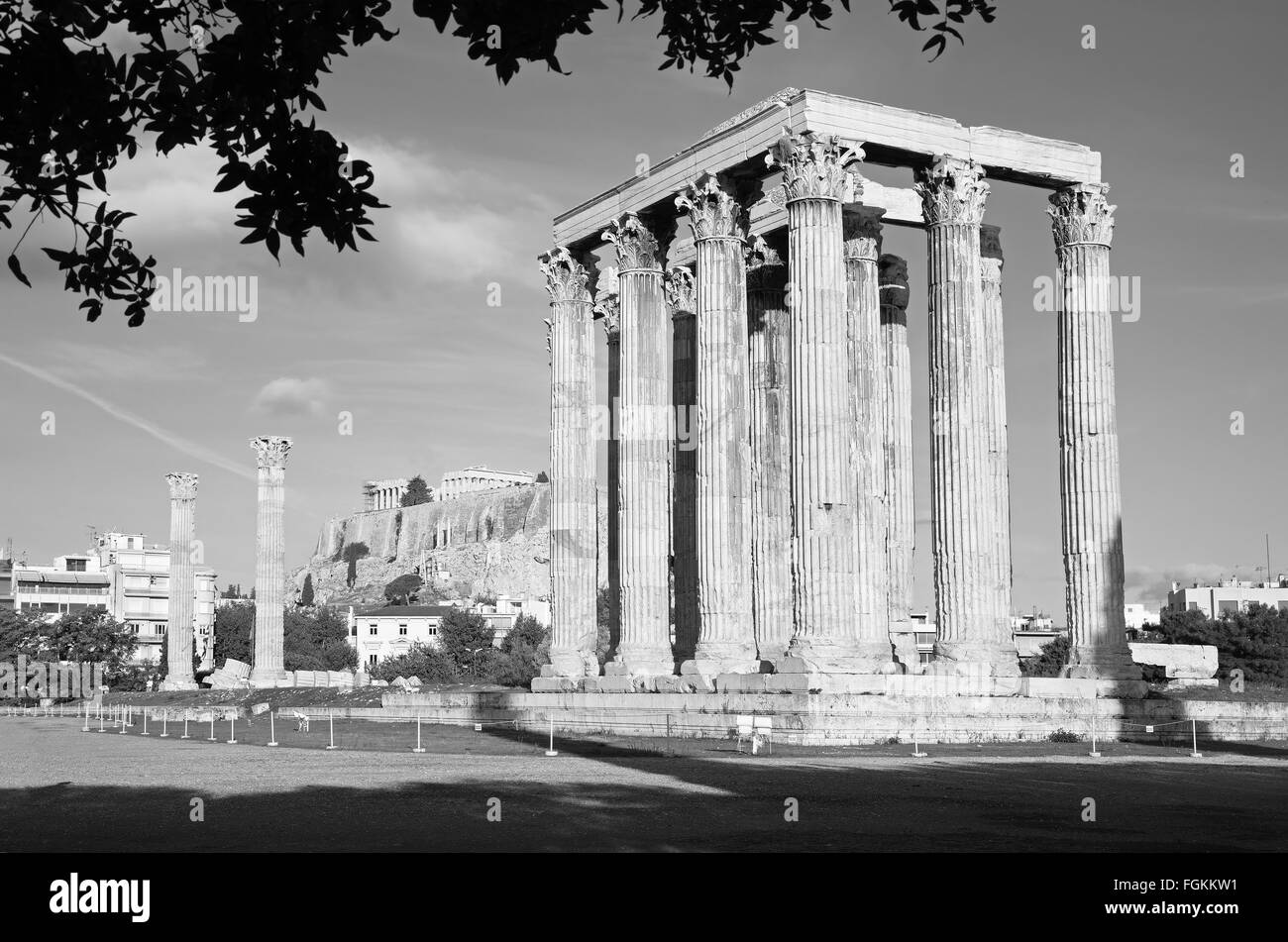 Athens - The Olympieion in morning dusk and the Acropolis in the background Stock Photo