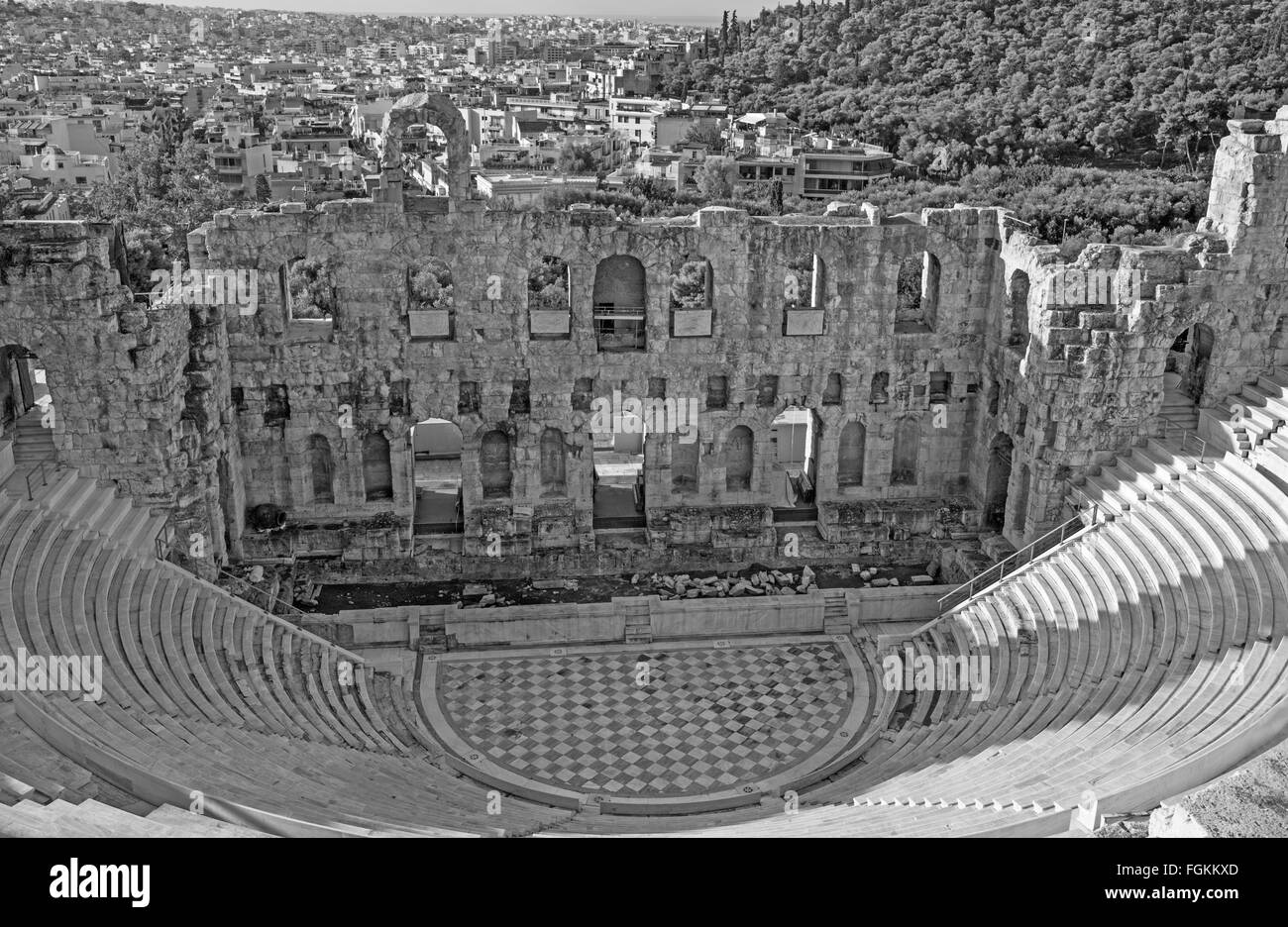 Athens - The Odeon of Herodes Atticus or Herodeon under The Acropolis in morning light. Stock Photo
