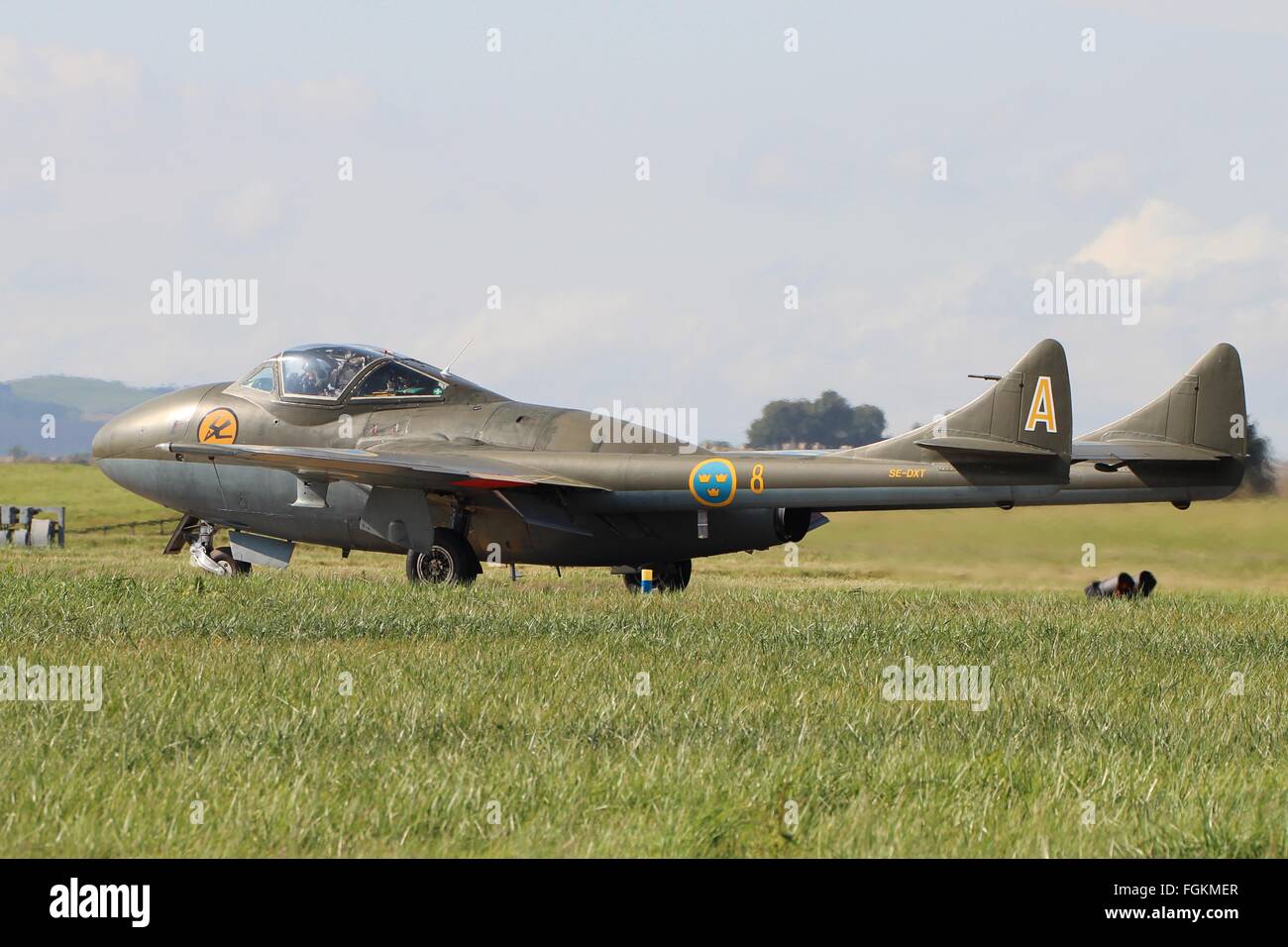 SE-DXT, a de Havilland Vampire T55 of the Swedish Air Force Historic Flight, taxis out for display at Leuchars in 2013. Stock Photo