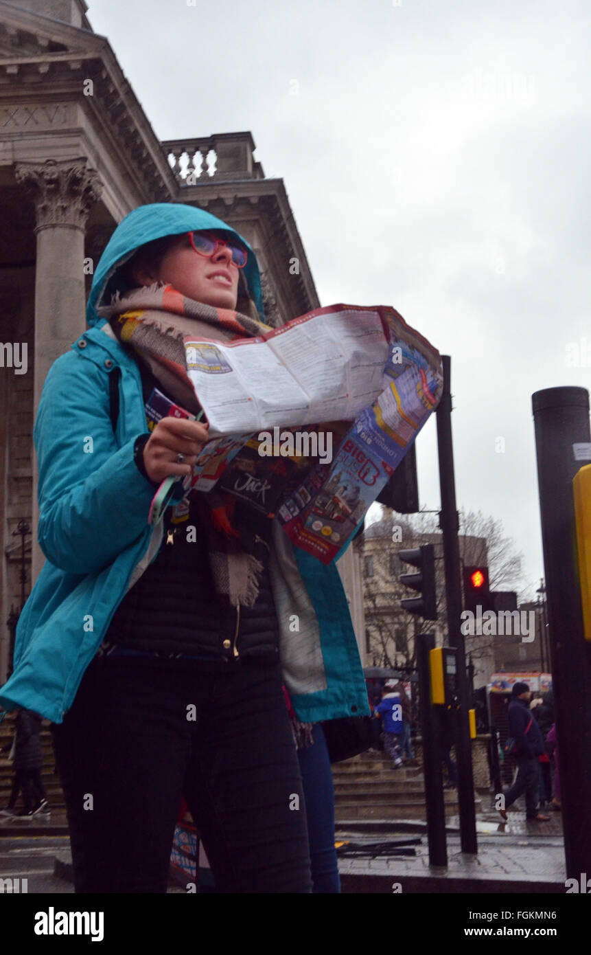 London, UK, 20 February 2016, Outside St Martin's Church on Trafalgar Square.  Wind and rain in London as mini heat wave predicted. Credit:  JOHNNY ARMSTEAD/Alamy Live News Stock Photo