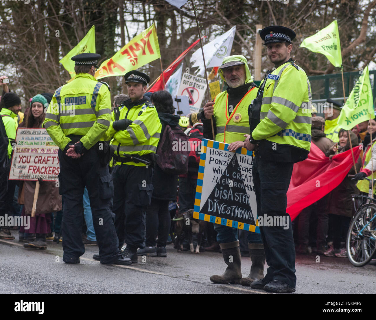Horse Hill, Surrey, UK.20 Feb 2016.Solidarity Walk & Cycle Ride arrives at Oil Exploration site. UKOG has advised that Fracking is not required but environmentalists suspect otherwise.. Stock Photo