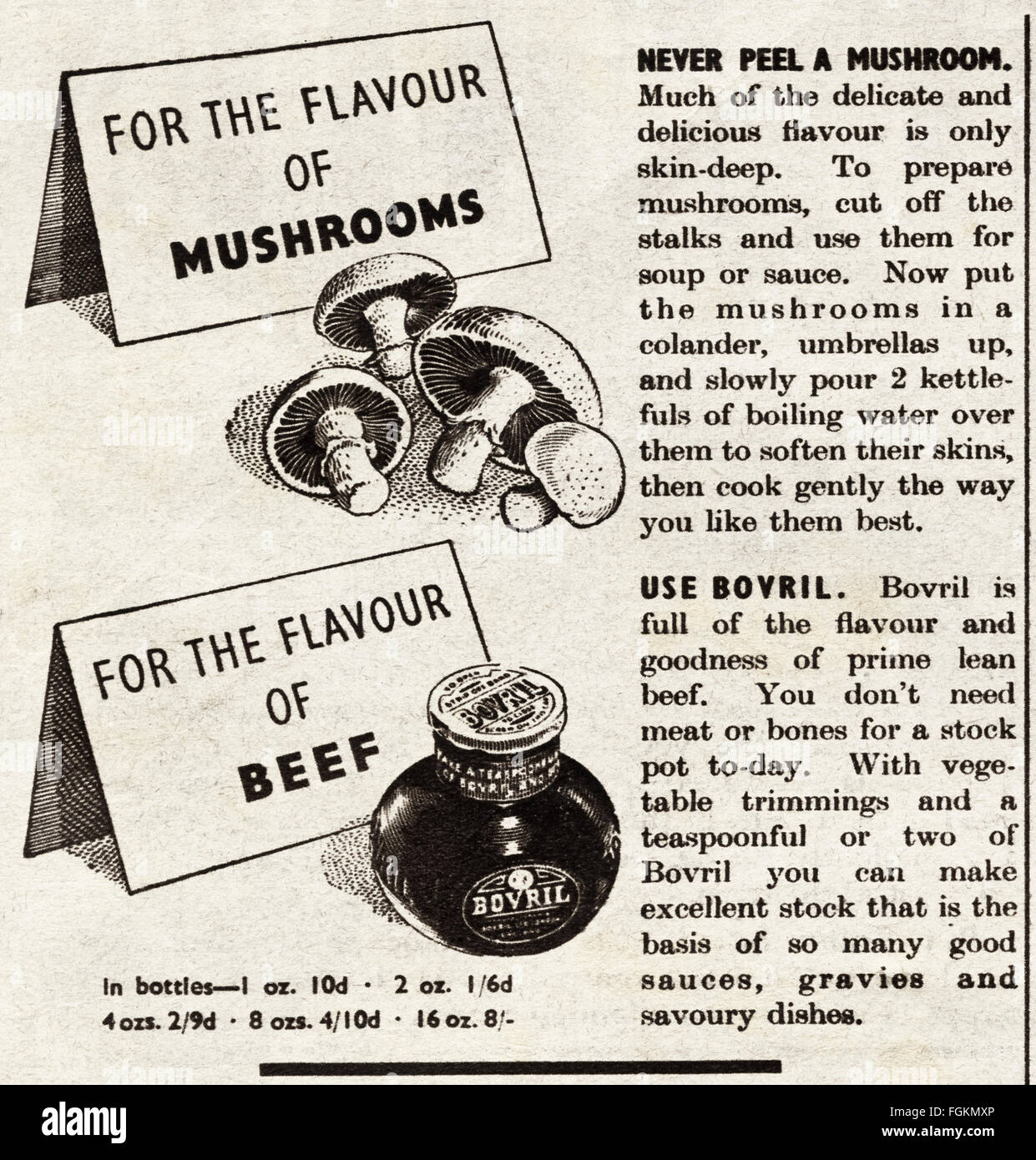 Original vintage advert from 1940s. Advertisement dated 1947 advertising Bovril beef extract. Stock Photo