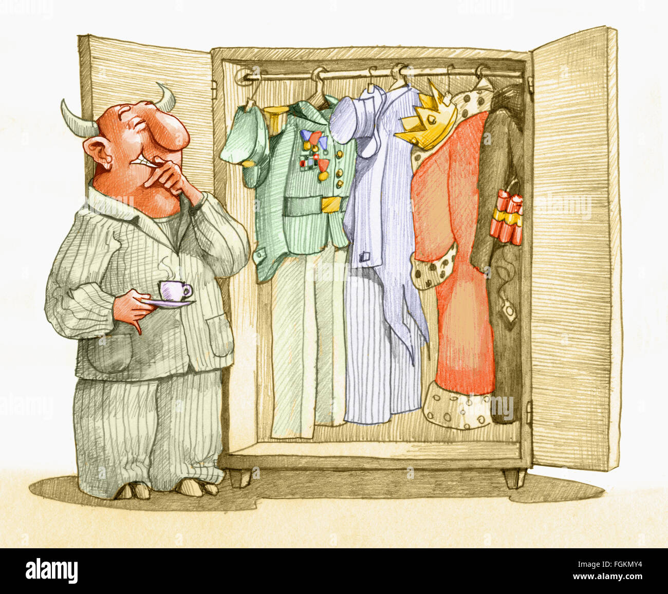 a devil looks in her wardrobe to decide whether to dress up as rich, military, king or terrorist Stock Photo