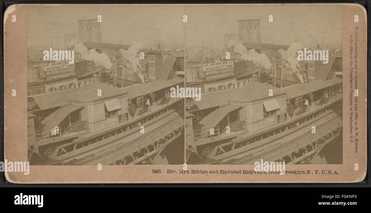 Brooklyn Bridge and elevated railways, from Brooklyn, N.Y., U.S.A, by Kilburn, B. W. (Benjamin West), 1827-1909 Stock Photo