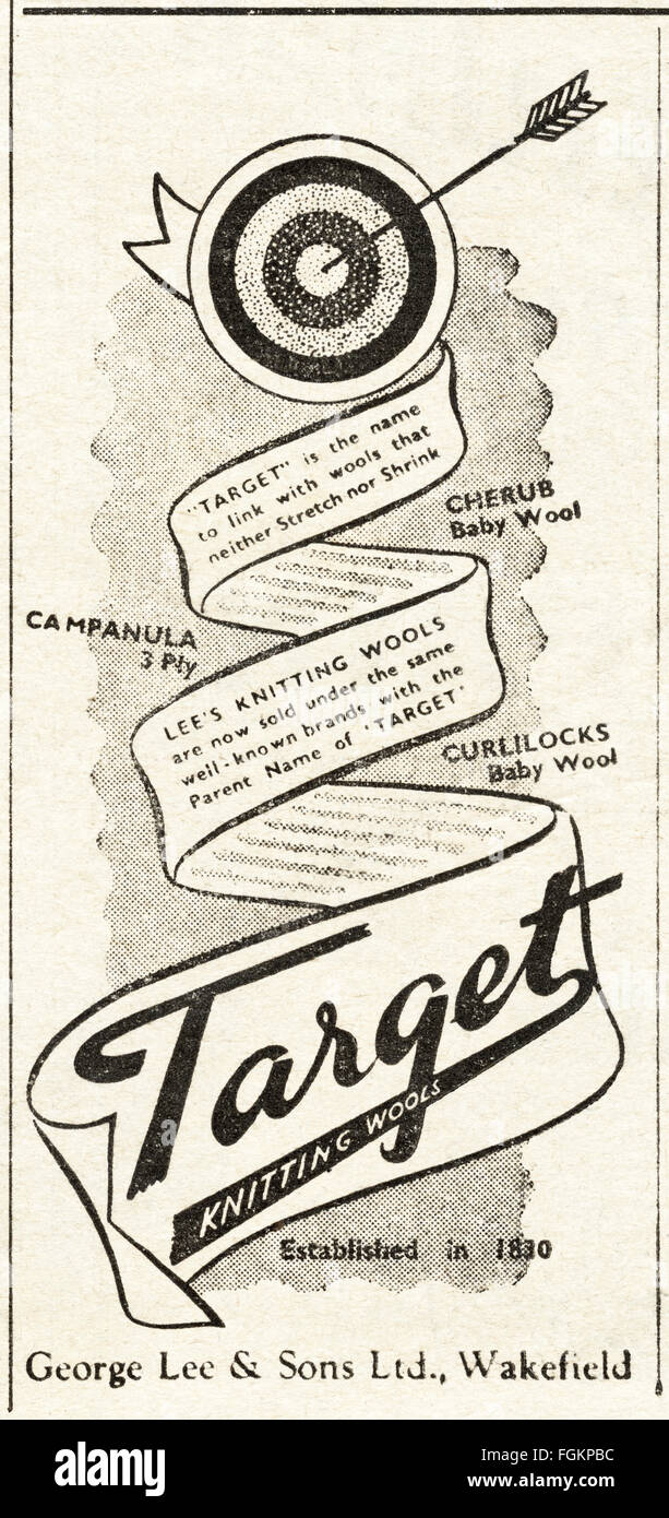 Original vintage advert from 1940s. Advertisement dated 1947 advertising Target knitting wools of Wakefield. Stock Photo