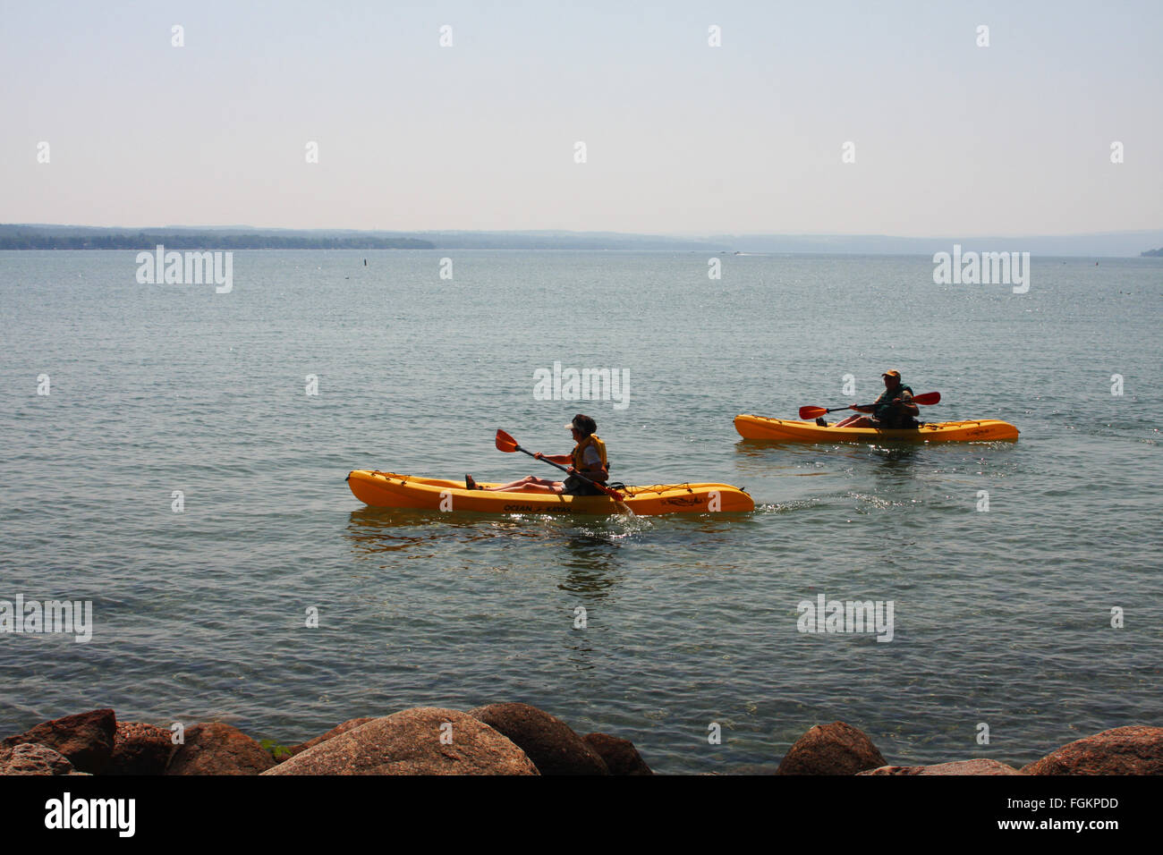Canandaigua, New York, Canandaigua Lake, two paddlers in kayaks off the