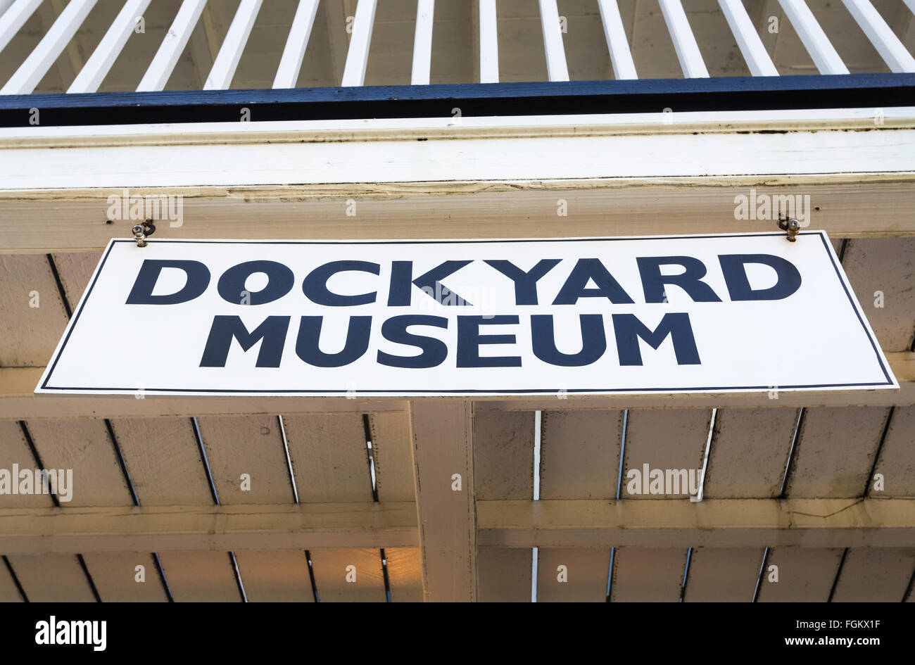 Sign above the entrance of the popular Dockyard Museum in Nelson's Dockyard, English Harbour, south Antigua, Antigua and Barbuda, West Indies Stock Photo