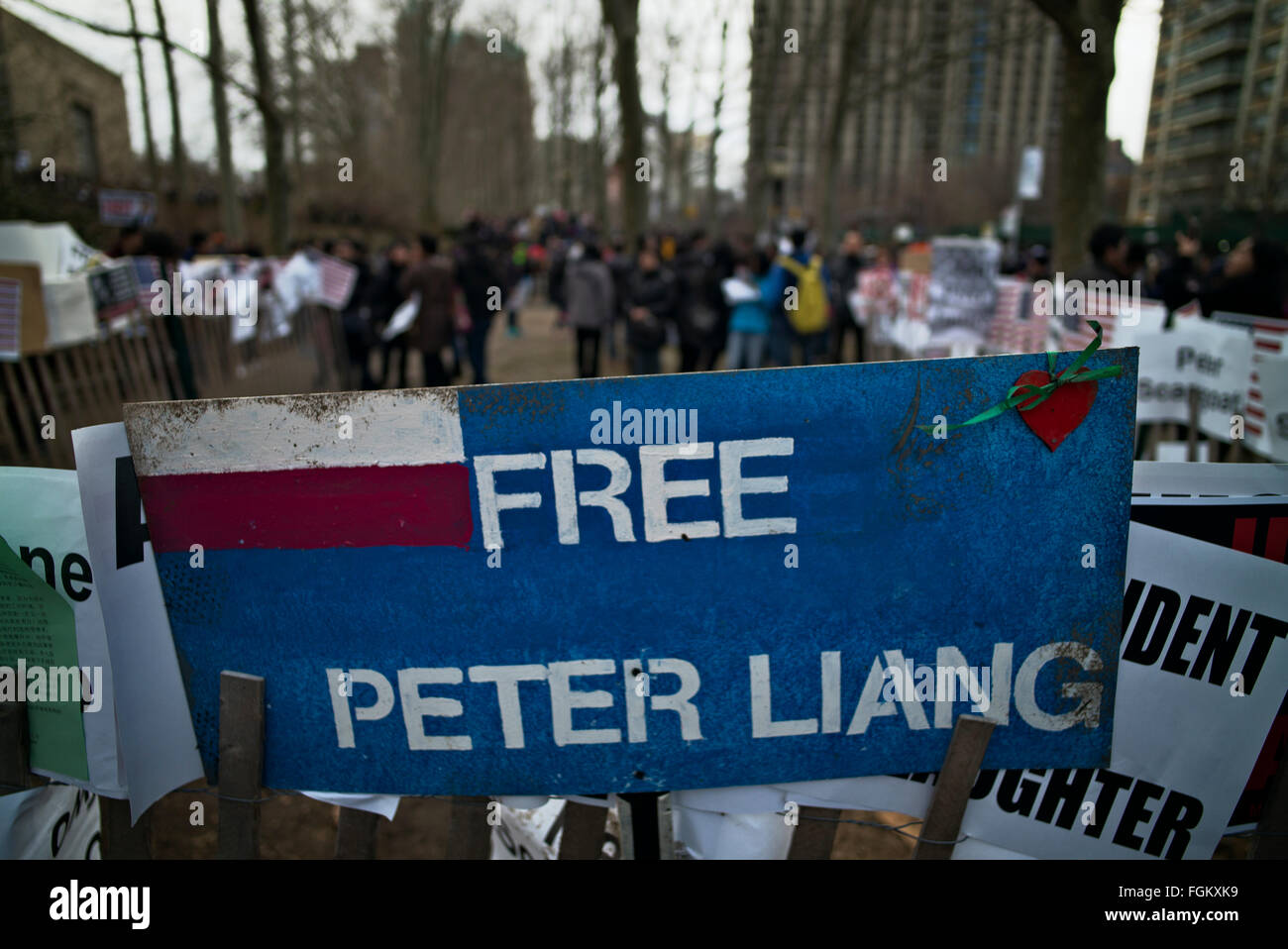 Brooklyn, NY, US, February 20, 2016: A sign reading 'Free Peter Liang' during a demonstration against the conviction of former New York City police officer Peter Liang, who was found guilty of manslaughter and official misconduct in the 2014 shooting death of a black man in a housing project. Stock Photo