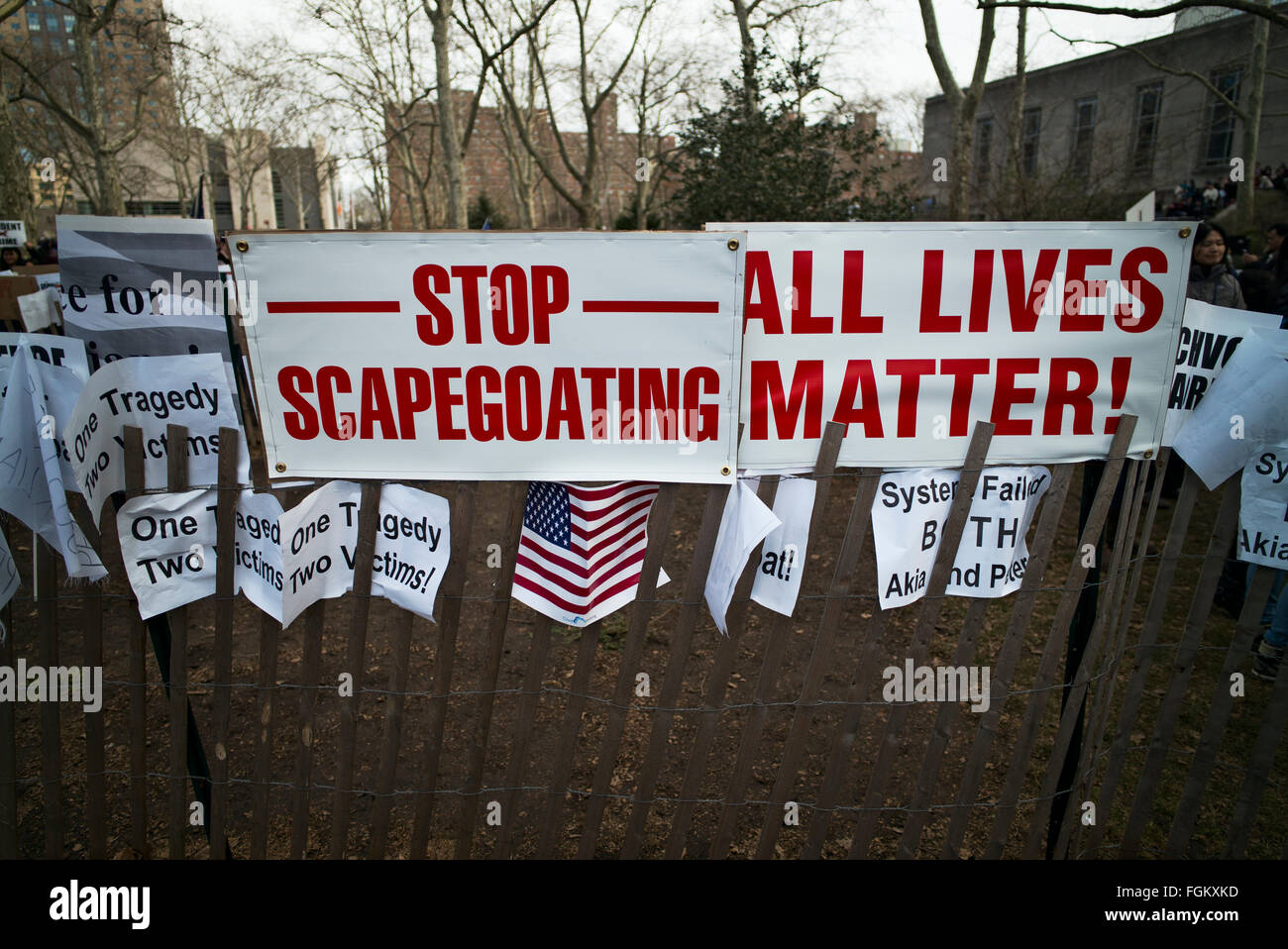 Brooklyn, NY, US, February 20, 2016: Signs reading 'Stop Scapegoating' and 'All Lives Matter' during a demonstration against the conviction of former New York City police officer Peter Liang, who was found guilty of manslaughter and official misconduct in the 2014 shooting death of a black man in a housing project. Stock Photo