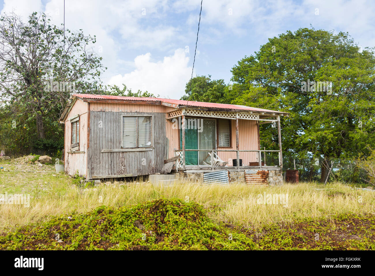 Derelict wooden house near Stingray City in the east of Antigua, Antigua and Barbuda, West