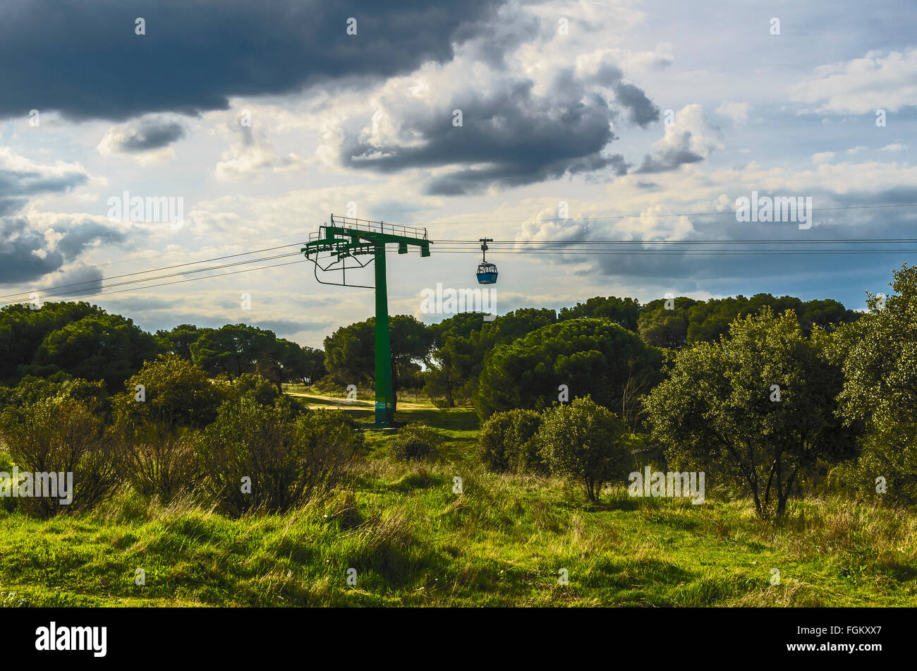 View of a cable railway in the Country House, Madrid, Spain Stock Photo