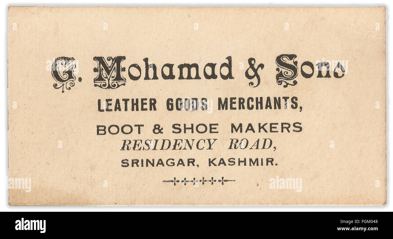 Business card of G. Mohamad and Sons, shoe-makers, of Srinagar, Kashmir, India. Stock Photo