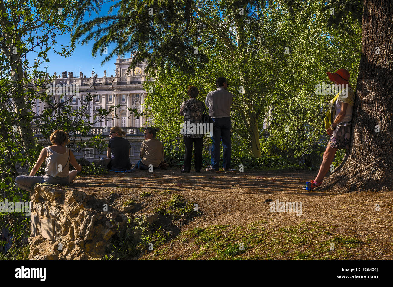 A group pf persons looking the landscape near of the Orient Palace, Madrid city, Spain Stock Photo