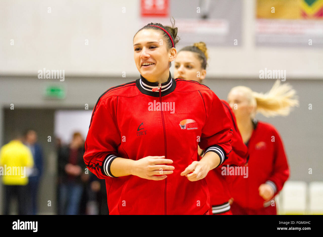 Manchester, UK, 20th February, 2016. Team GB women vs Albania in a qualifying round for EuroBasket Women 2017 at Belle Vue Manchester. Albania team warms up before the match. copyright Carol Moir/Alamy Live News Stock Photo