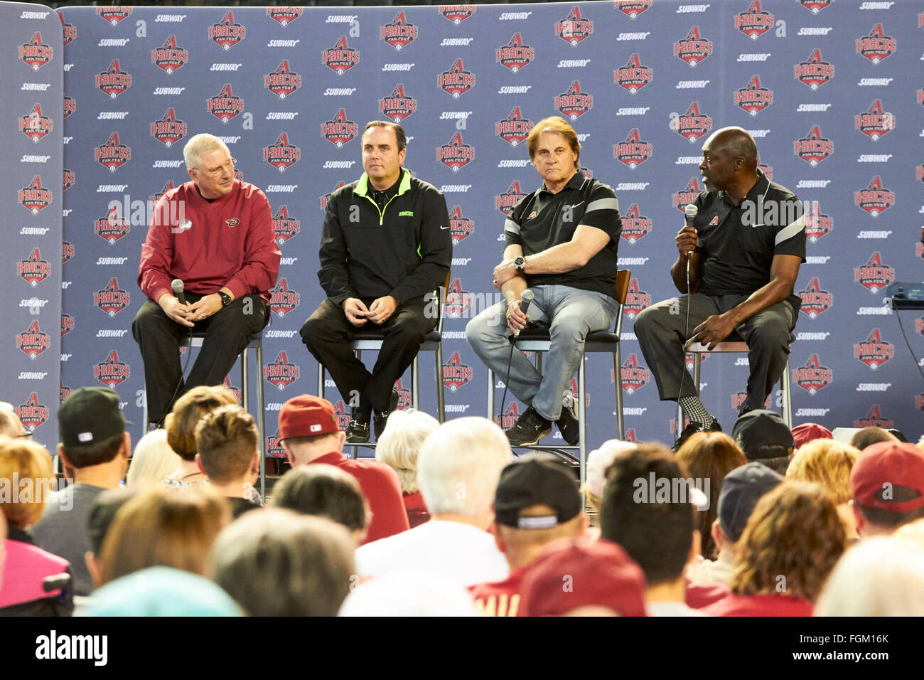 Phoenix, Arizona, USA. 20th February, 2016. Radio host Greg Schulte (left) interviews Diamondbacks President and CEO Derrick Hall, Chief Baseball Officer Tony La Russa, and General Manager Dave Stewart (l. ro r.) during the D-backs Fan Fest at Chase Field Ballpark. The Fan Fest is an annual event that offers fans unprecedented access to current players, coaches, alumni and broadcasters, including autograph and photo sessions on the field. Last year's event drew an estimated 25,000 fans to Chase Field. Credit:  Jennifer Mack/Alamy Live News Stock Photo