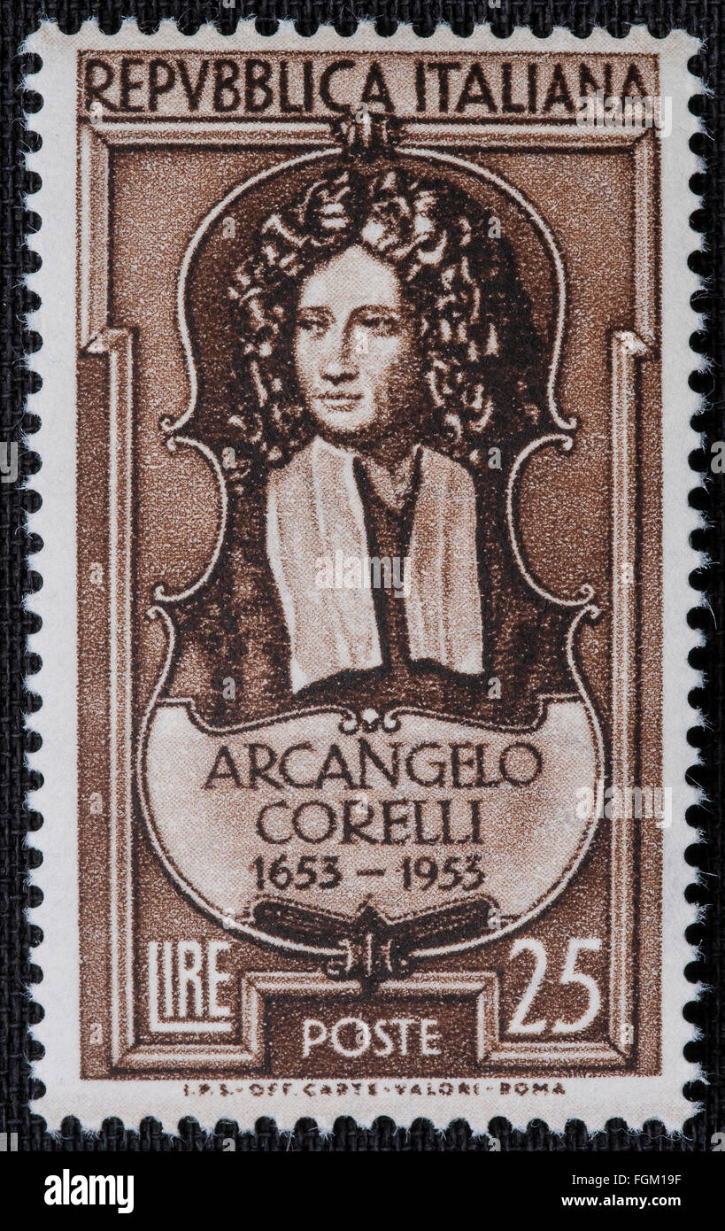 1953- Italian mint stamp issued to commemorate Arcangelo Corelli. Lire 25 Stock Photo