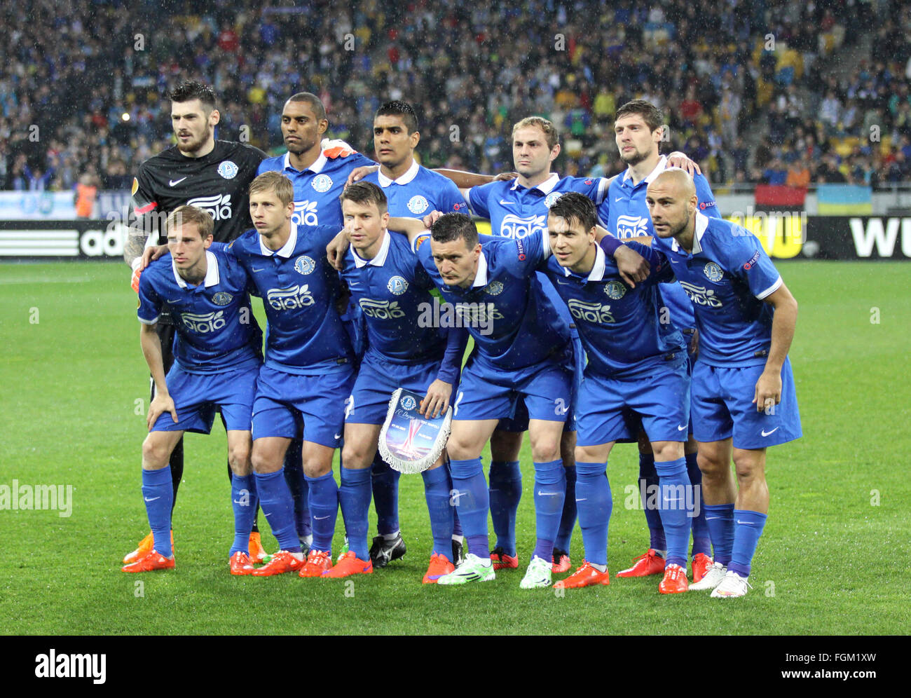 KYIV, UKRAINE - MAY 14, 2015: Players of FC Dnipro team pose for a group photo before UEFA Europa League semifinal game against Stock Photo