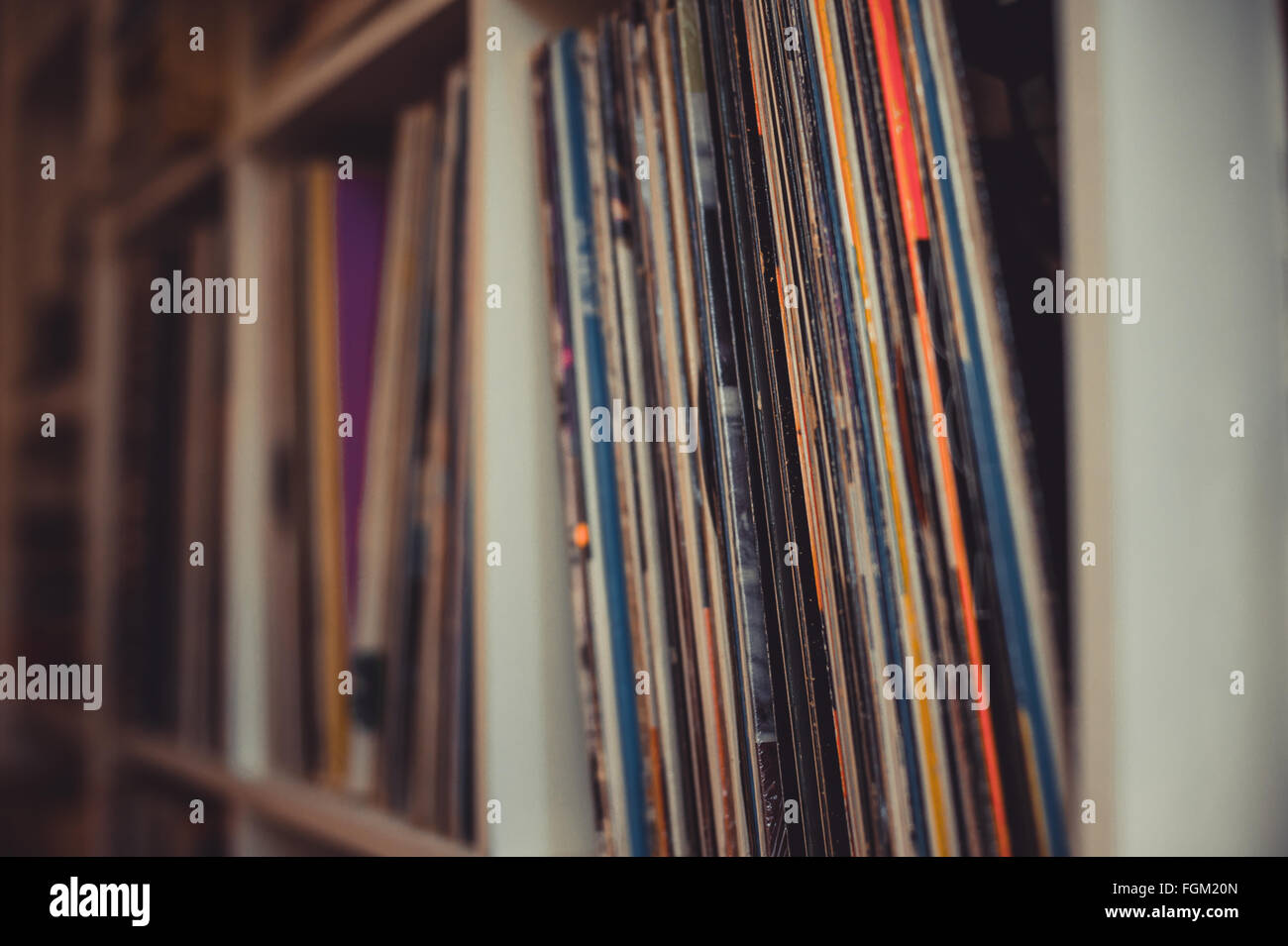 Vintage 33 vinyl long playing row on shelf selective focus Stock Photo