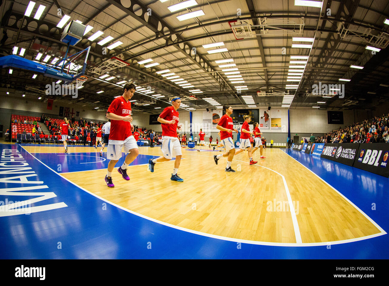 Manchester, UK, 20th February, 2016. Team GB women vs Albania in a qualifying round for EuroBasket Women 2017 at Belle Vue Manchester. Team GB warm up before the game. copyright Carol Moir/Alamy Live News Stock Photo