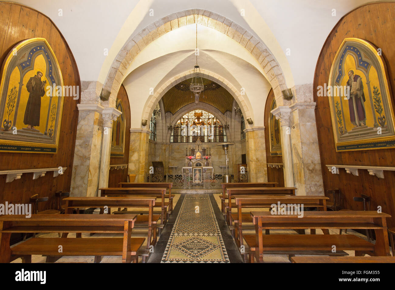 JERUSALEM, ISRAEL - MARCH 4, 2015: The nave of Church of Flagelltion on Via Dolorosa, by architect Antonio Barluzzi, 20th cent. Stock Photo