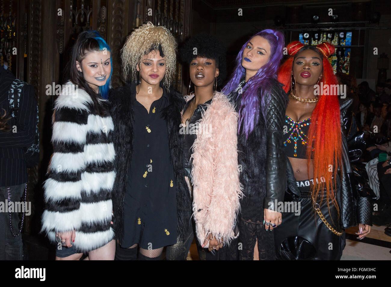London, UK. 20 February 2016. Girl group Alien Uncovered attends the Ashley Isham AW16 runway show at Freemasons' Hall/Fashion Scout during London Fashion Week. Stock Photo