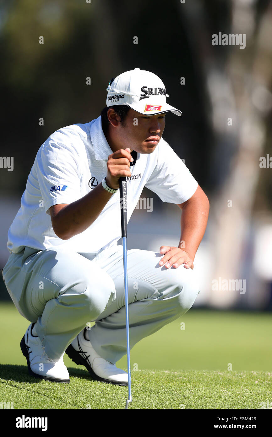 February 19, 2016 Hideki Matsuyama of Japan lines up a putt during the second round of the Northern Trust Open at Riviera Country Club in Pacific Palisades, California. Charles Baus/CSM Stock Photo