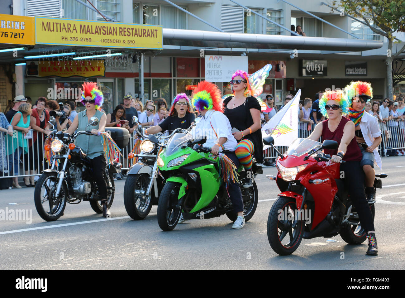Auckland, New Zealand, 20th February, 2016. Members of Dykes on Bikes  gathering and watching the No Pride in Prisons Protesters. Credit: David  Evans Bailey/Alamy Live News Stock Photo - Alamy
